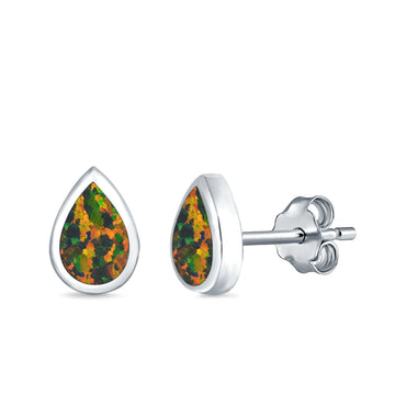 Teardrop Bezel Solitaire Pear Stud Earrings Lab Created Black Opal 925 Sterling Silver (7mm)